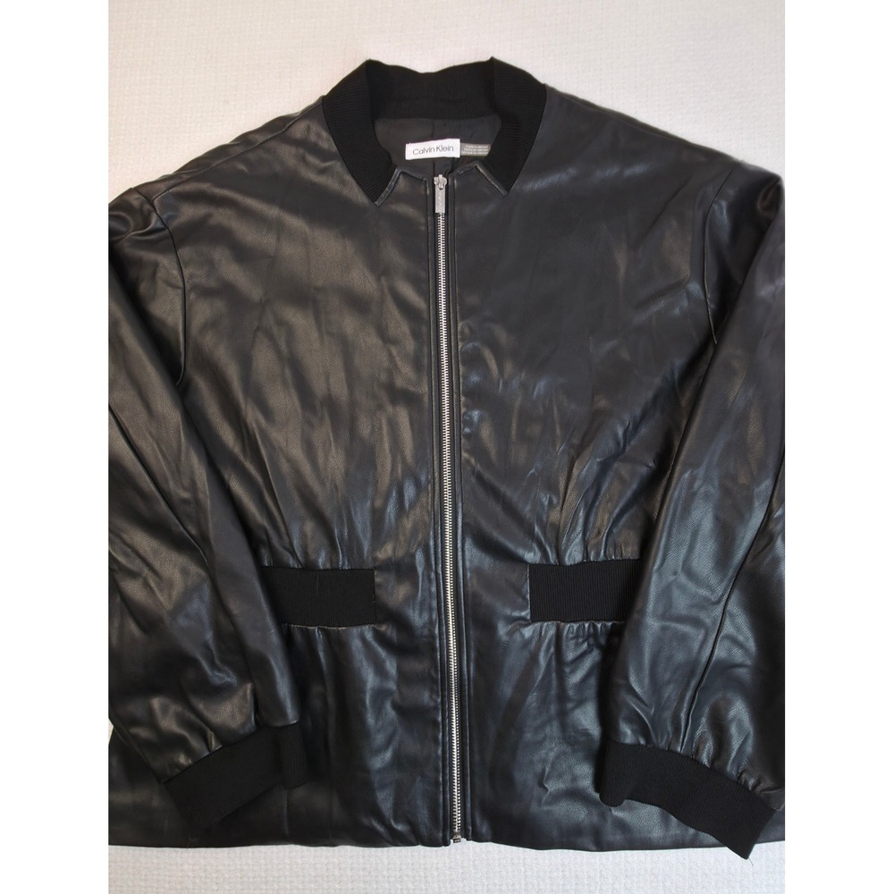 Calvin Klein Faux Leather Bomber Jacket Mens Black M1HCO117 Full Zip Ribbed Trim